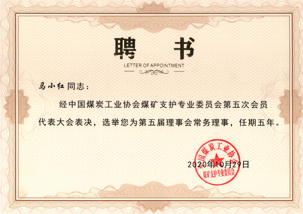 中国煤炭工业协会常务理事聘书
